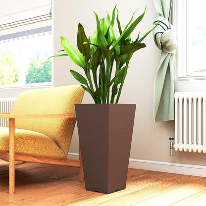 Outsunny 23 Inch Tall Planters for Outdoor Plants, Set of 2 Plastic Flower Pots, Weather and UV Resistant Stackable Tapered Large Planters for Front Door Patio Garden Use, Brown