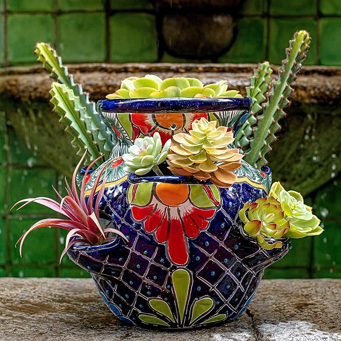 Evergreen Garden Talavera Mexican Strawberry Pottery Ceramic 10 inch Plant Pots | Flower Pots for Indoor Plants | Succulent Planters (10 in. Royal Blue)