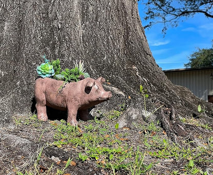 Zeckos Rustic Brown Smiling Pig Resin Decorative Planter - 17 Inches Long - Great for Flowers and Succulents - Perfect for Both Indoor and Outdoor Decor Settings