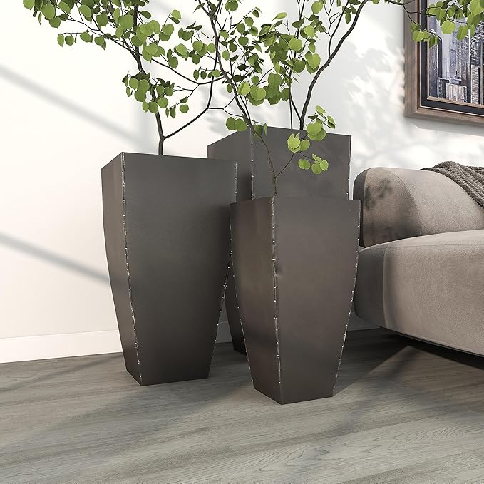 Deco 79 Metal Indoor Outdoor Planter Large Planter Pot with Tapered Base, Set of 3 Planters 20", 25", 30"H, Dark Gray