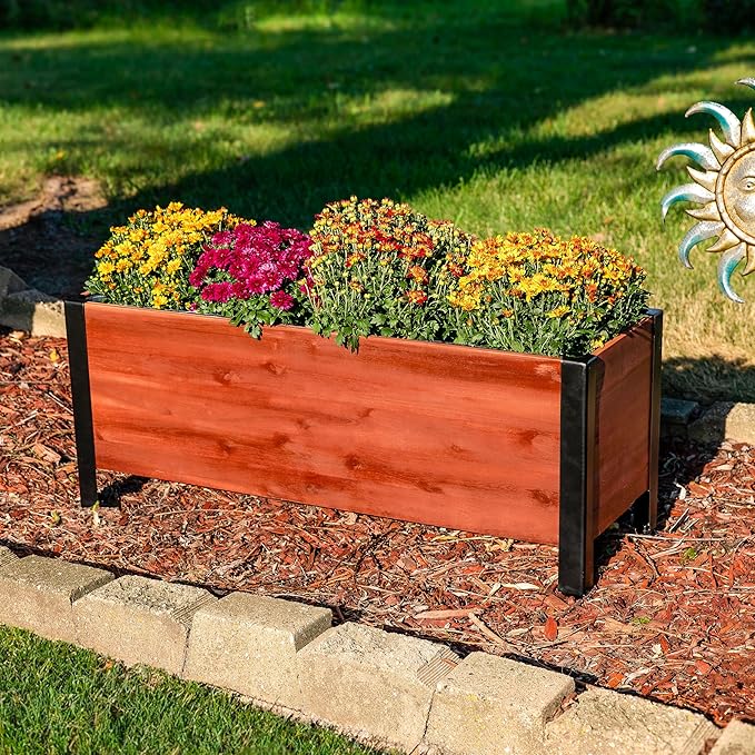 Sunnydaze Acacia Wood Rectangular Planter Box - 14.75" H Wooden Raised Garden Bed with Removable Polyethylene Planter Bag - Brown