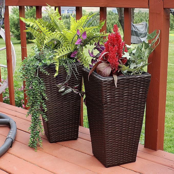 Sunnydaze Set of 2 Square Tall Wicker Planters - Polyrattan Rectangular Large Plastic planters for Outdoor Plants - 20-Inches Tall - Brown