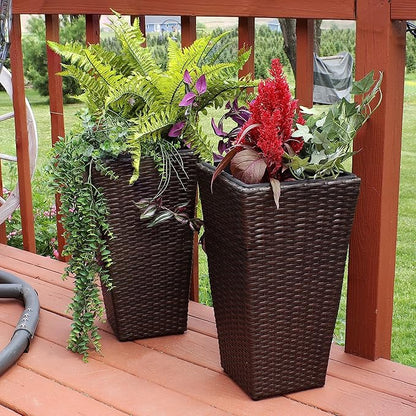 Sunnydaze Set of 2 Square Tall Wicker Planters - Polyrattan Rectangular Large Plastic planters for Outdoor Plants - 20-Inches Tall - Brown