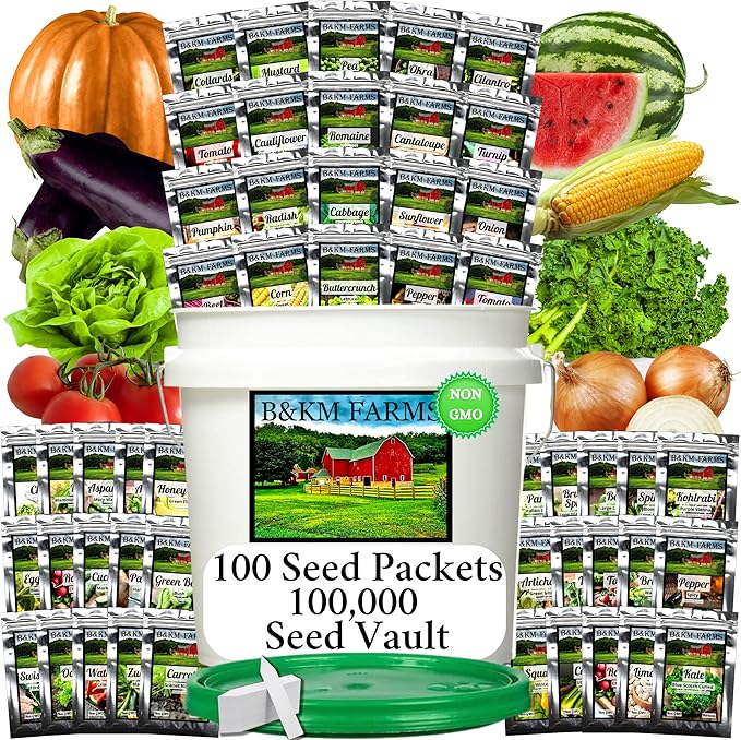 B&KM Farms 100,000+ Heirloom Survival Seed Kit | 50+ Non-GMO Vegetable & Fruit Varieties | 100 Seed Packets | 5-15 Year Food Storage | Weatherproof Bucket for A Sustainable, Self-Sufficient Garden