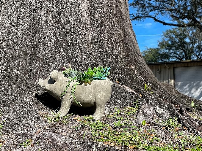 Zeckos Charming Rustic Weathered Grey Smiling Pig Resin Planter Plant Pot - Adorable Outdoor Décor Accent for Porches, Patios, Yards and Gardens - 17 Inches Long