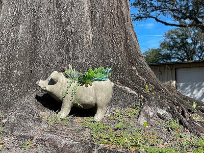 Zeckos Charming Rustic Weathered Grey Smiling Pig Resin Planter Plant Pot - Adorable Outdoor Décor Accent for Porches, Patios, Yards and Gardens - 17 Inches Long