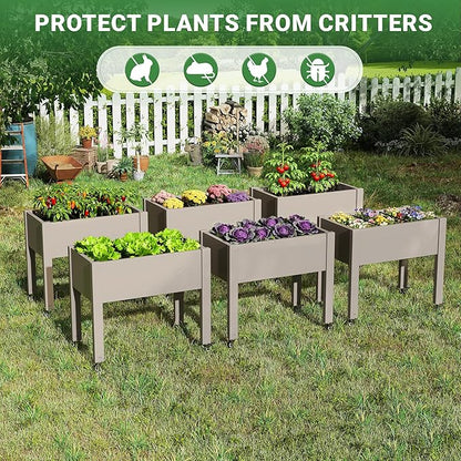 Raised Garden Bed with Wheels - Outdoor Mobile Elevated Resin Planter Box with Drainage Holes for Vegetables Flower Herbs (1 Pack, Gray)