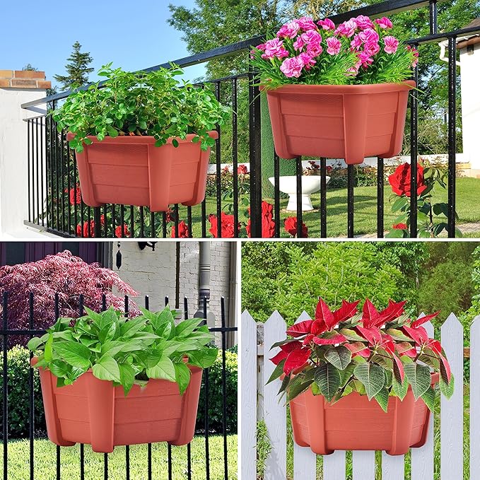 ORIMERC 9.8 inch 8 Pack Brick Red Wall Hanging Planters for Indoor Outdoor Plants Hanging Plant Holder with Drainage Hole Fence Balcony Planters Railing Hanging Pot Plant Wall Mount Decor with Hooks