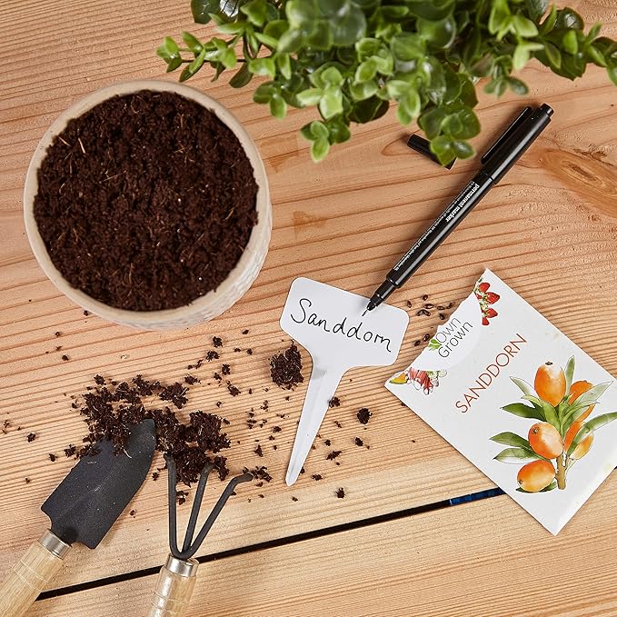 OwnGrown Plant Markers: 120 Plastic Plant Name Tags and Weatherproof Marker Pen – Plant Labels Wooden – Seedling Labels – Gardening Name Tags