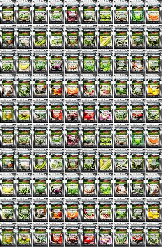 B&KM Farms 100,000+ Heirloom Survival Seed Kit | 50+ Non-GMO Vegetable & Fruit Varieties | 100 Seed Packets | 5-15 Year Food Storage | Weatherproof Bucket for A Sustainable, Self-Sufficient Garden