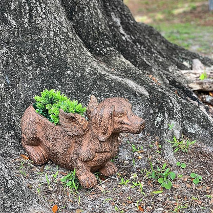 Whimsical Flying Dachshund Planter with Drain Hole – 18 Inch Brown Magnesium Oxide Wiener Dog Animal Planter for Succulents, Flowers, Indoor Outdoor Rustic Decor – Weather-Resistant Dog Garden Pot