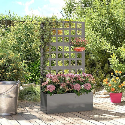 Outsunny Galvanized Raised Garden Bed with Trellis, Metal Planter Box with Drainage Holes, Outdoor Privacy Screen for Climbing Plants, Vegetable, Vines, 24" x 9" x 44.5", Gray