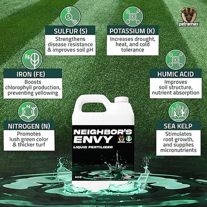 PetraMax Neighbor’s Envy Grass Fertilizer for Lawn & Garden, 64 Ounce Covers up to 8,000 sq.ft. 7-in-1 Liquid Lawn Fertilizer Concentrate for Deep Green Turf - Includes Nitrogen/Iron/Humic/Sea Kelp