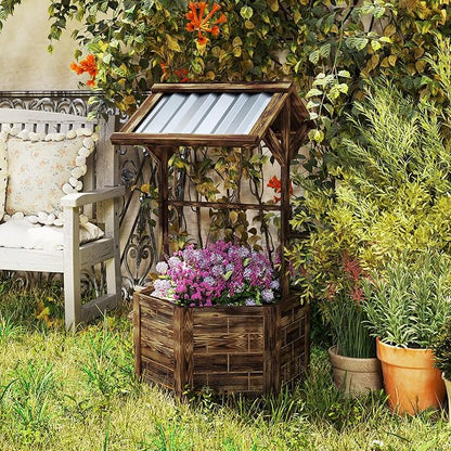 Outsunny Wooden Wishing Well Planter, Raised Garden Bed with Galvanized Canopy, Hexagon Outdoor Planter Box for Flowers, Herbs and Vegetables, Tan