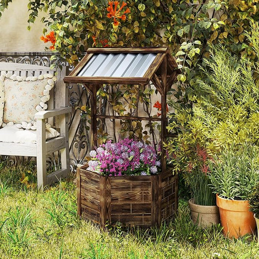 Outsunny Wooden Wishing Well Planter, Raised Garden Bed with Galvanized Canopy, Hexagon Outdoor Planter Box for Flowers, Herbs and Vegetables, Tan