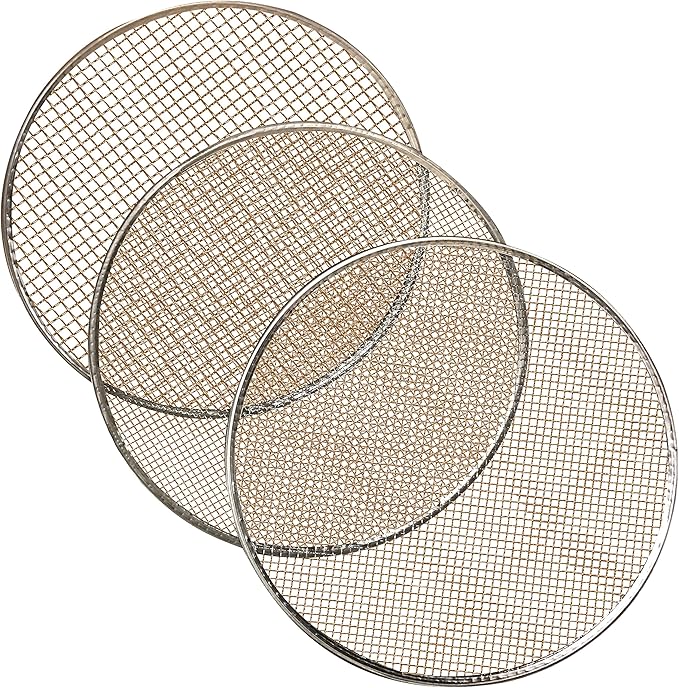 4pc Soil Sieve Set, 12" diameter - Stainless Steel Frame Three Interchangeable Sieves With Varying Mesh Sizes Grade - Mix Soil Filter Large Debris Replacement Screens Available Great for Bonsai