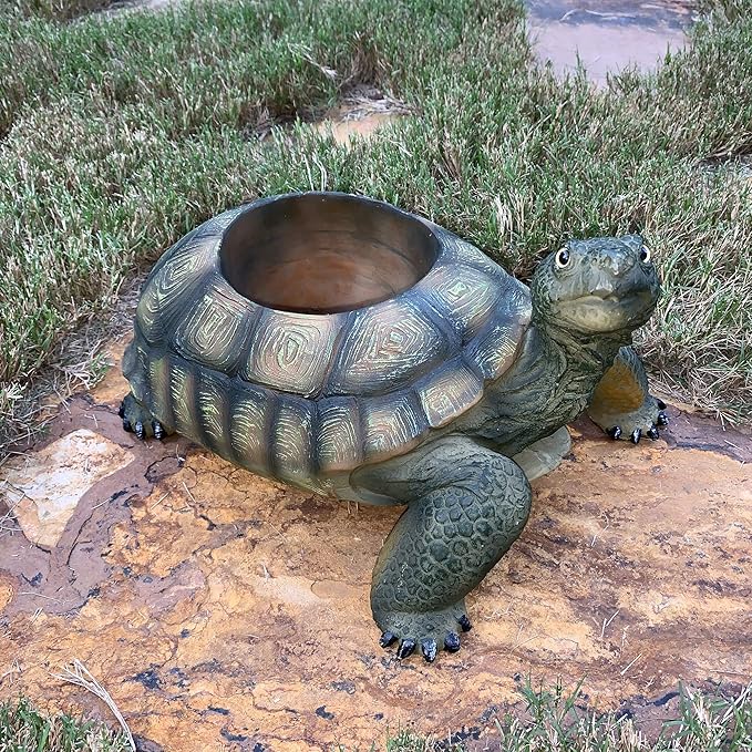 homestyles Call of The Wild 13 in. Realistic Box Turtle Planter Garden Statue Hold a 5" Pot Natural Finish