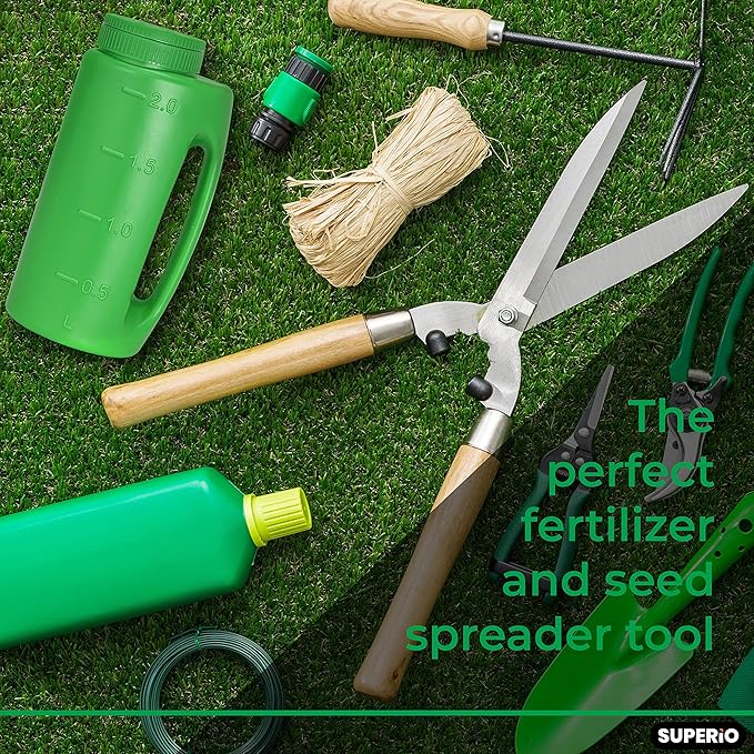 Superio Lawn Seed Spreader, Handheld Shaker for Lawn Seeds, Ice Melt Salt, Calcium, Deicer, Weed and Feed Spreader, 2 Liter, Adjustable Hole Size, with Cut Out Handle