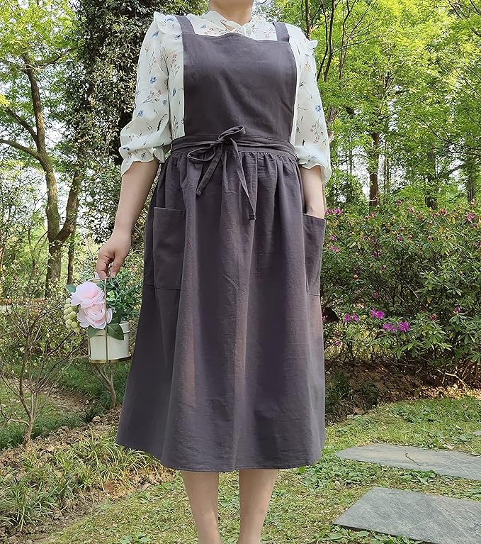 Cute Retro Cotton Linen X-Back Aprons Home Kitchen Garden Art Painting Pinafore Florist Shop Overalls