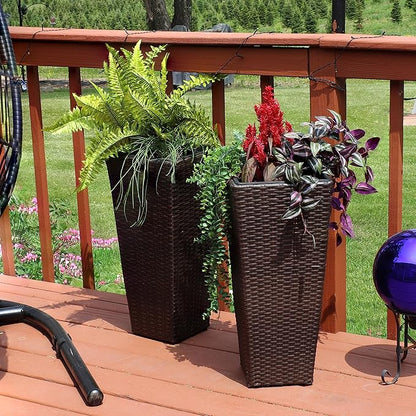 Sunnydaze Set of 2 Square Tall Wicker Planters - Polyrattan Rectangular Large Plastic planters for Outdoor Plants - 24-Inches Tall - Brown