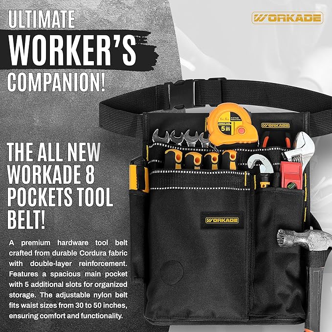 Magnetic 8-Pockets Single Side Tool Belt for Men & Women–Adjustable Quick-Release Buckle Tool Belt for Electrician, Carpenter, Plumber. (Black, Adjustable)