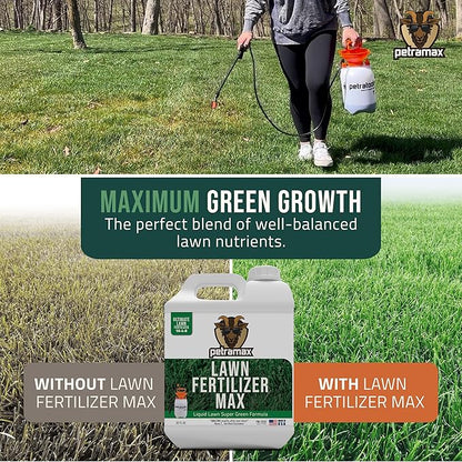 PetraMax Liquid Lawn Fertilizer for Lawns Concentrate - Liquid Fertilizer for Lawns, Food for Grass - 16-4-8 High Nitrogen Lush Green Grass, Phosphorus for Strong Roots - Apply Spring & Summer (32 oz)