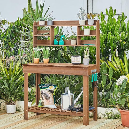 Yaheetech Potting Bench Table Horticulture Germination Table & Outdoor Garden Work Bench Platform w/Display Rack/Storage Shelf/Hanger/Thoughtful Sink Brown