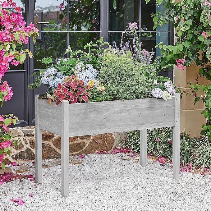 Topeakmart Elevated Planter Bed Outdoor, Wooden Raised Garden Bed, Rectangle Raised Bed with Stable Structure Wooden Garden Box Standing Planter for Garden/Patio/Backyard/Outdoor