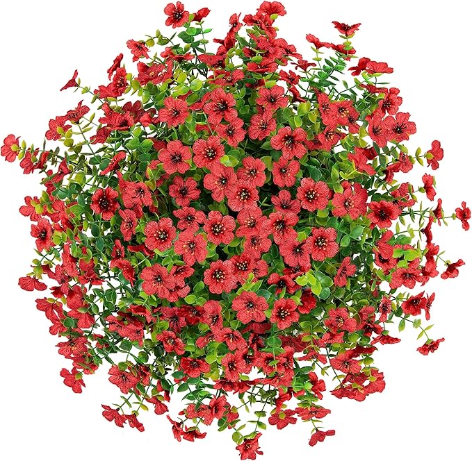HyeFlora Artificial Fake Hanging Red Plants Flowers Basket for Outdoor Fall Winter Christmas, Faux Silk Daisy Mums Look Real UV Resistant for Outside Porch Home Patio Garden Yard Decoration