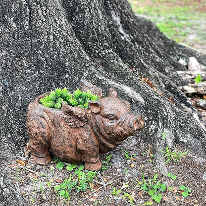 Zeckos Whimsical Flying Pig Planter with Drain Hole – 17 Inch Brown Magnesium Oxide Animal Planter for Succulents, Flowers, Indoor Outdoor Rustic Farmhouse Decor – Weather-Resistant Pig Garden Pot