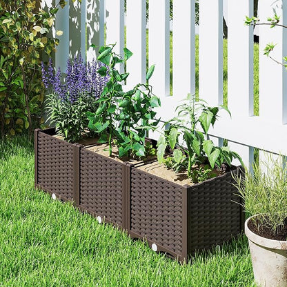 Outsunny 4 x 1 x 1 ft Raised Garden Bed, Indoor Outdoor Plastic Planter Box with Drainage Holes, Drain Plugs and Water Reservoirs for Vegetables, Herbs, Flowers & Succulents, Brown