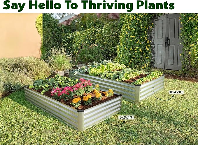 Plant & Plot Galvanized Raised Garden Beds Outdoor // 8×4×1 ft Planter Raised Beds for Gardening, Vegetables, Flowers (Silver) // Large Metal Garden Box // Patented Tool-Free Design