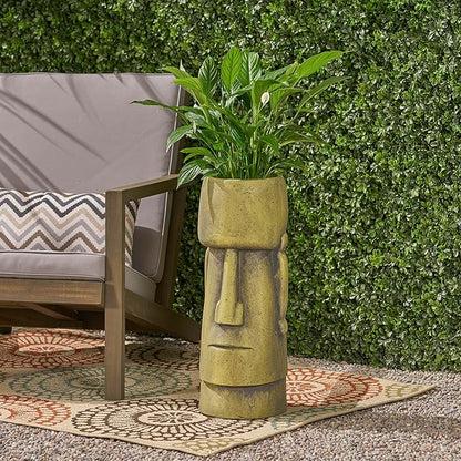Christopher Knight Home Jorine Lightweight Concrete Planter, Cast Stone Planter, Moai Design Urn, Tall Plant Pot, Easter Island Garden Pot with Drainage Hole for Backyard Hall Garden, Antique Green