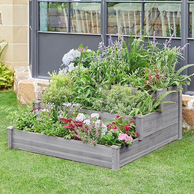 Topeakmart 3 Tier Raised Garden Bed Wood Garden Box Wooden Vegetables/Flower/Herb Elevated Garden Planter Boxes Outdoor, Gray