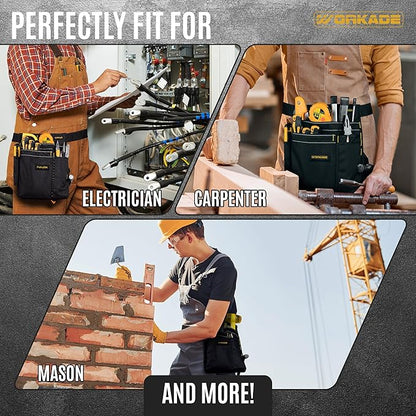 Magnetic 8-Pockets Single Side Tool Belt for Men & Women – Black Double-Layered Cordura Tool Bags/Pouches, Adjustable Quick-Release Buckle Tool Belt for Electrician, Carpenter, Plumber.