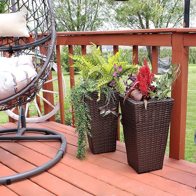 Sunnydaze Set of 2 Square Tall Wicker Planters - Polyrattan Rectangular Large Plastic planters for Outdoor Plants - 20-Inches Tall - Brown