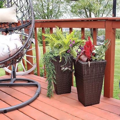 Sunnydaze Set of 2 Square Tall Wicker Planters - Polyrattan Rectangular Large Plastic planters for Outdoor Plants - 20-Inches Tall - Brown