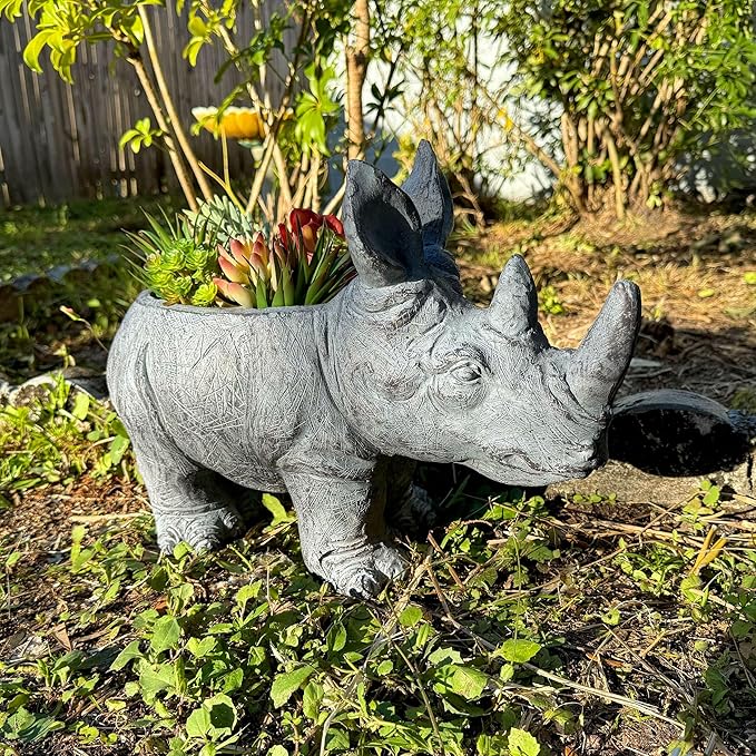 Zeckos Charming Grey Rhino MGO Planter with Drain Holes, 18.5 inches - Weather-Resistant Magnesium Oxide for Garden or Patio Decor - Unique Animal Theme Planter, Perfect for Indoor/Outdoor Use
