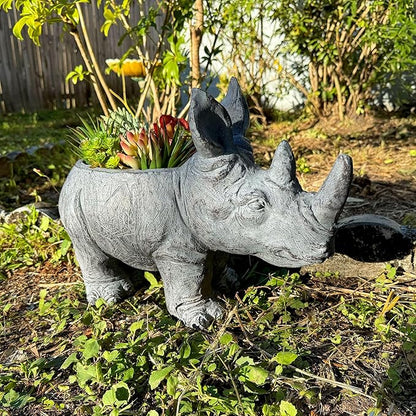 Zeckos Charming Grey Rhino MGO Planter with Drain Holes, 18.5 inches - Weather-Resistant Magnesium Oxide for Garden or Patio Decor - Unique Animal Theme Planter, Perfect for Indoor/Outdoor Use