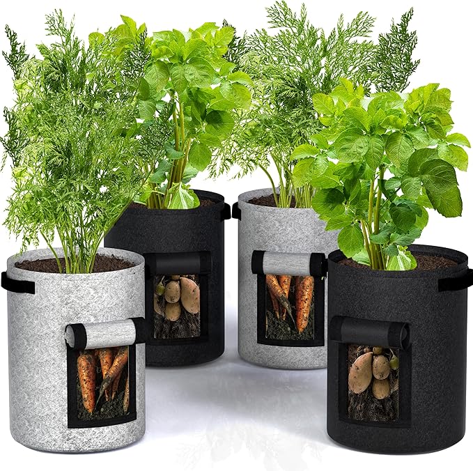 Utopia Home 10-Gallon Potato Grow Bags Pack of 4 – Foldable, Breathable, and Non-Woven Vegetable Planters – Easy to Move Gardening Pots with Reinforced Handles and Harvest Flap (2 Grey, 2 Black)