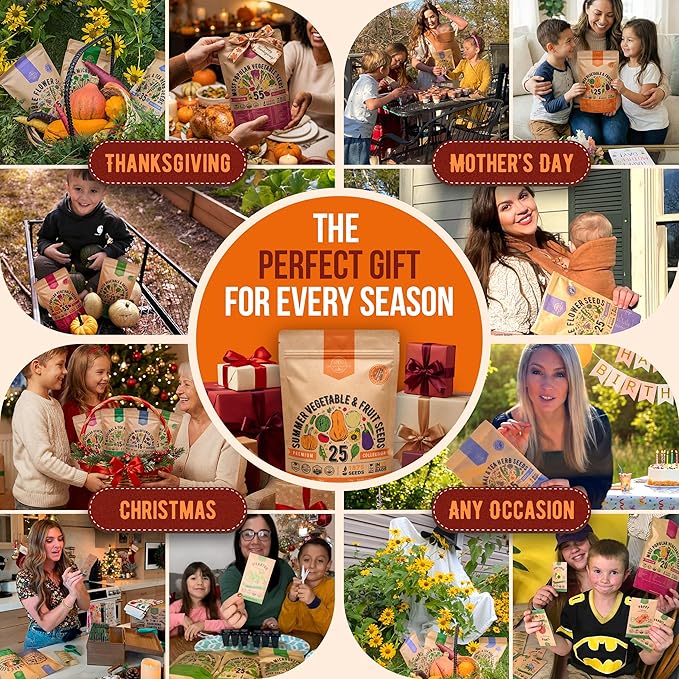 25 Summer Vegetable & Fruit Seeds Variety Pack - 1,870+ Non-GMO Heirloom Veggie & Fruits Seeds for Outdoors and Indoor Home Gardening, Including Collards, Tomato, Pepper, Okra, Onion, Bean, Cucumber