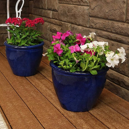 Sunnydaze Round Ceramic Planter - Set of 2 Indoor or Outdoor Plant Pots with Drainage Hole - Chalet - 12" - Imperial Blue Glaze
