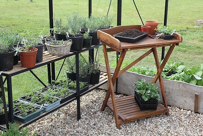 Haxnicks Hardwood Potting Table – Folding Garden Workbench with Storage Shelf & Soil Guard | Acacia Wood | 29.5" W x 39.3" H x 18.8" D