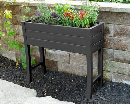 NuVue Products 26021 Outdoor Elevated Garden Bed for Growing Edible Plants and Flowers, BPA-Free Woodgrain Panel Elevated Planter Box, 35.5” L x 15” W x 32” H, Dark Gray
