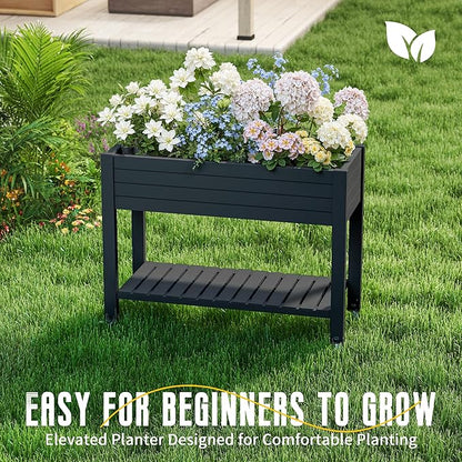 EasyUp 21 Gallon Raised Garden Bed with Legs and Wheels, Raised Planter Box with Drainage Plug and Gauge, Lower Shelf for Tools and Accessories, Dust-Proof Resin for Patio and Backyard(Black)