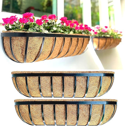 LaLaGreen Outdoor Wall Planter - 30 Inch, 2 Pack Black Metal Window Boxes Planters Attach to House, Large Flower Basket Deck Railings Hanging with Coco Liner Horse Troughs Fence Balcony Patio Porch