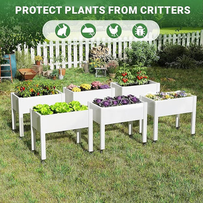 Raised Garden Bed with Wheels - Outdoor Mobile Elevated Resin Planter Box with Drainage Holes for Vegetables Flower Herbs (1 Pack, White)