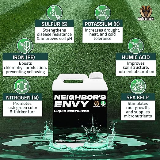 PetraMax Neighbor’s Envy Grass Fertilizer for Lawn & Garden, 2 Gallon Covers up to 32,000 sq.ft. 7-in-1 Liquid Lawn Fertilizer Concentrate for Deep Green Turf - Includes Nitrogen/Iron/Humic/Sea Kelp