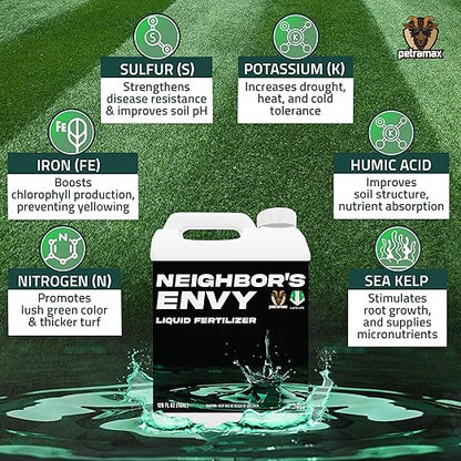 PetraMax Neighbor’s Envy Grass Fertilizer for Lawn & Garden, 2 Gallon Covers up to 32,000 sq.ft. 7-in-1 Liquid Lawn Fertilizer Concentrate for Deep Green Turf - Includes Nitrogen/Iron/Humic/Sea Kelp