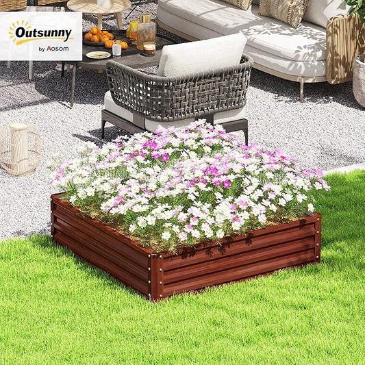 Outsunny Galvanized Raised Garden Bed, 4' x 4' x 1' Metal Planter Box, for Growing Vegetables, Flowers, Herbs, Succulents, Natural Wood